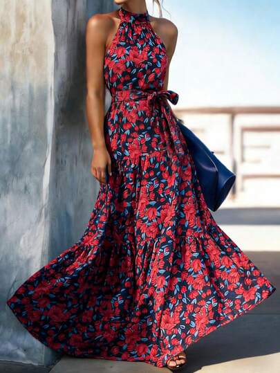 Women's Summer Dress, Women's Long Dress, Floral Print Halter Tie Dress, Suitable For Vacation/Party/Holiday, Women's Vacation Outfit