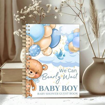 1PC A5 "We Can Bearly Wait" Baby Shower Guest Book, Cute Blue Teddy Bear & Balloon Design, Spiral Bound Keepsake Organizer With Signature & Wishes Pages, Perfect Baby Boy Shower Gift For Parents