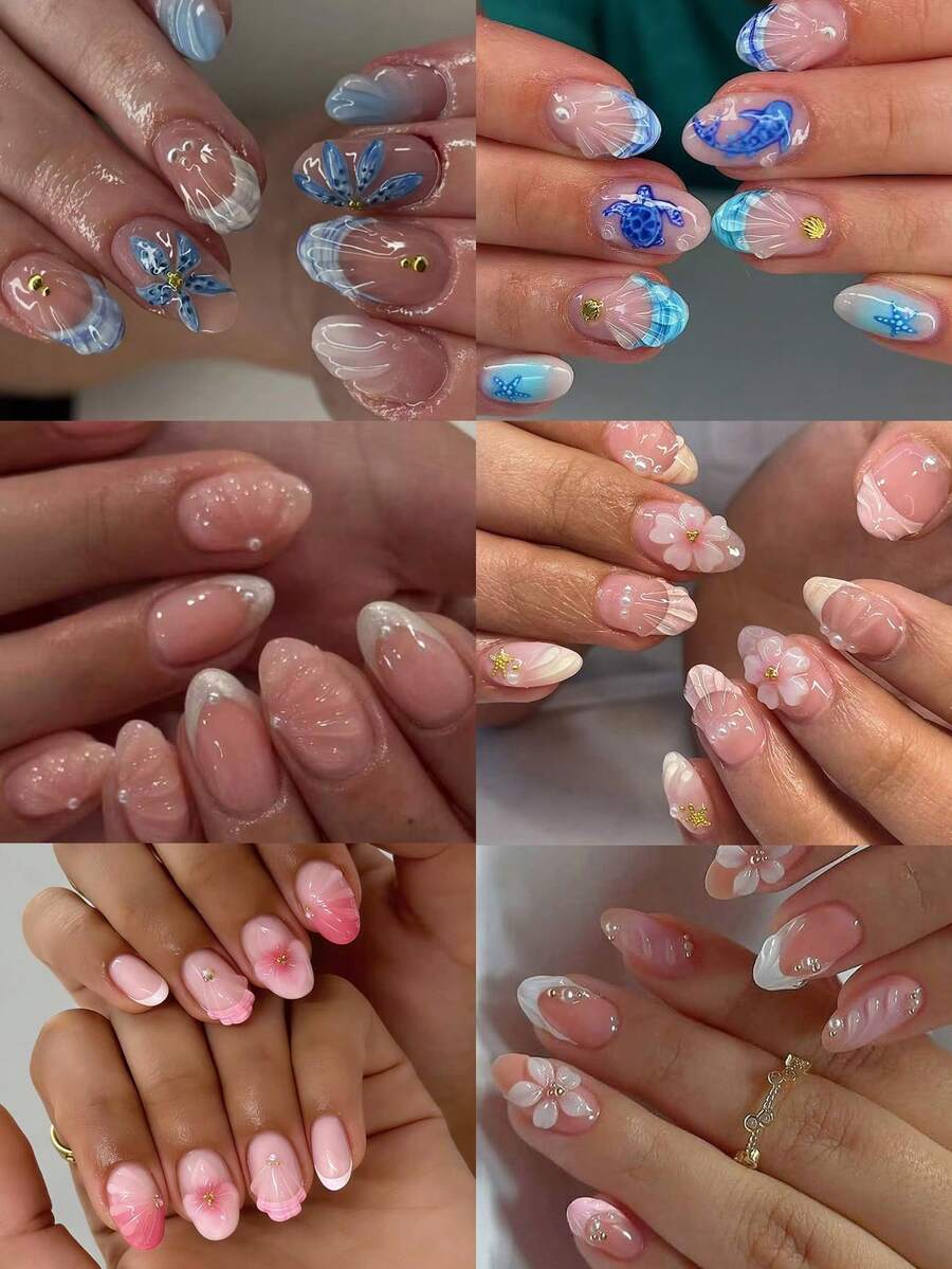 144片(4种款式混装)短款椭圆形3D凝胶美甲贴纸,带珍珠装饰,法式按压式美甲,短款完美贴合假指甲套装,包含:1片果冻凝胶和1把指甲锉 - 彩色 - 查看 1