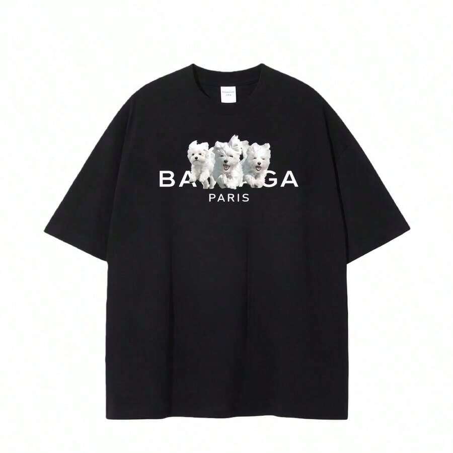 Graphic Cotton-Shirt Balenci New Cotton-Shirt| Cute Casual Short Sleeve Top| Oversized Soft Breathable Tee| High Quality Exactly Same One-To-One Reconstruction| Streetwear Basic Versatile Comfort Shirt| High-End Feel Y2K,Oversize Plus Size S To 5XL,Summer Tee - màu đen - Xem 1