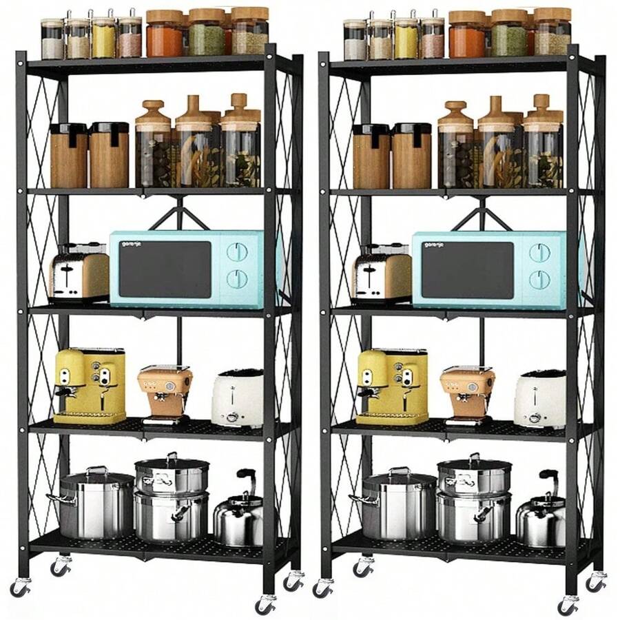 Heavy Duty 5-Tier Metal Storage Rack 2PCS Foldable W/ Wheels Garage Office Rack - As Pic - View 1