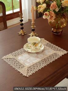 Camino de mesa de jacquard liso 100% poliéster estilo vintage francés de granja con ribete de encaje floral de volutas huecas en forma de abanico, bufanda de mesa con borlas para mesa de desayuno nupcial, decoración rústica de cocina de cabaña - Caqui - Ver 9