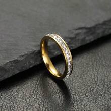 1 件不锈钢星形水晶镶嵌时尚不褪色戒指，优雅情侣戒指适合所有季节 - 單圈金色 - 查看 12