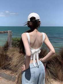 Sexy Spaghetti Strap Cropped Tank Top, Fitted Bowknot Sleeveless Camisole For Women - White - View 1