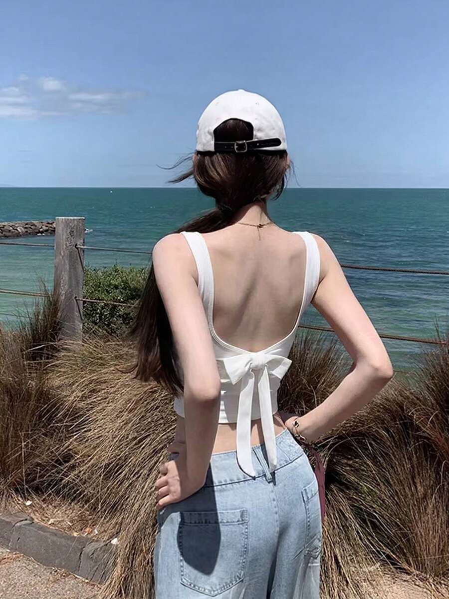 Sexy Spaghetti Strap Cropped Tank Top, Fitted Bowknot Sleeveless Camisole For Women - White - View 1