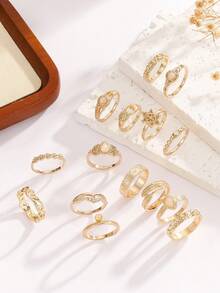 15pcs Set Moonstone Hollow Embossed Elephant, Moon, Star Design Rings, Suitable For Daily Wear And Parties - 15-piece Set - View 4