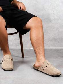 Wide Fit Men's Casual Solid Color Slip-On Mules, Comfortable Non-Slip Durable Soft Sole, Round Toe Design, Comfortable Fabric Upper, PVC Sole, Slip-On Closure, Suitable For Outdoor Activities All Year Round,Travel Essentials For Summer - Khaki - View 5