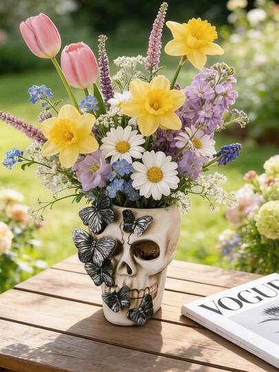 蝴蝶骷髅树脂花瓶 - 独特的哥特式树脂花盆，饰以黑色蝴蝶图案，非常适合摆放在梳妆台、客厅书架和哥特风格角落，插放鲜花/干郁金香、雏菊等花卉。增添前卫的波西米亚风情，是爱花人士的吸睛装饰品。
