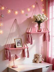 Bộ 1/2 kệ treo macrame màu hồng, kệ treo tường bằng dây tua rua đính hạt, giá trang trí phong cách Boho cho phòng ngủ/phòng khách, kệ đựng đồ treo tường phong cách Bohemian hiện đại, kệ treo tường đa chức năng màu hồng, kệ treo tua rua đính hạt trang nhã. - Nhiều màu - Xem 3