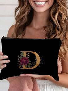 1pc A-Z Letter & Floral Print Cosmetic Bag, Modern Style Polyester Lightweight Travel Organizer - Multicolor - View 11