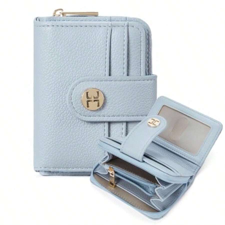 Compact Blue Leather Bifold Wallet For Women With RFID Protection Zipper Coin Pocket Ideal For Daily Use Travel And Fashion Accessories Secure Card Storage With Sleek Design - Màu xanh da trời - Xem 1