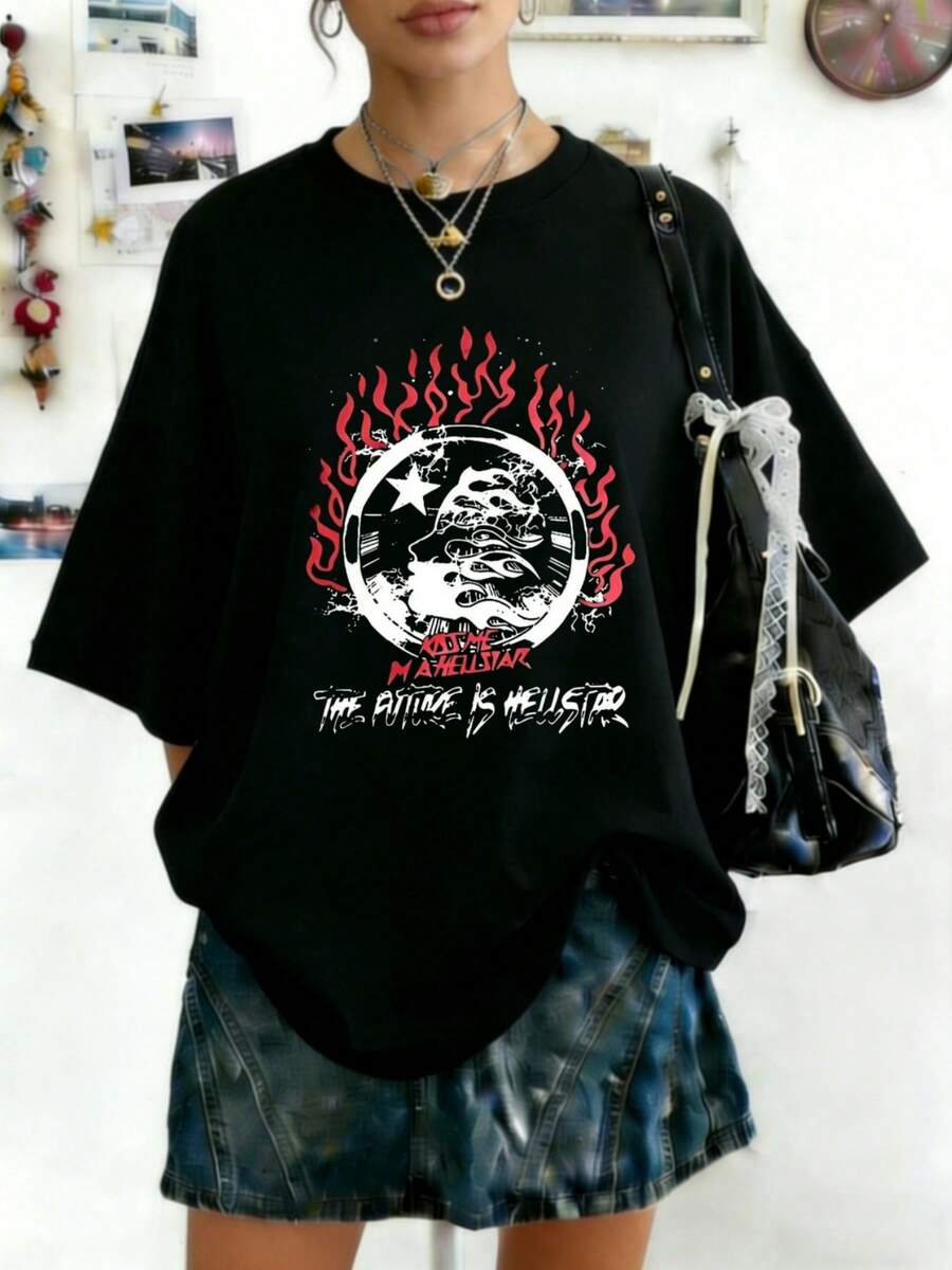 Plus Size Hellstars The Future Is Hellstars Flame Head Y2K Graphic T-Shirt,220g 100% Cotton,Round Neck Short Sleeve,Black Streetwear Essential For Summer Going Out,Unisex Style - 黑色 - 查看 1