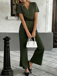 Women's Elegant Casual Outfit With Design Sense, V-Neck T-Shirt + High Waist Straight Leg Pants, Suitable For Daily Commute And Outings, Spring/Summer 2-Piece Set - Green - View 5