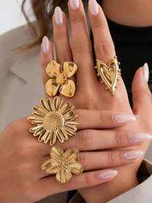 11pcs/7pcs/4pcs/1pc Stainless Steel Exaggerated Open Ring, Sunflower Multi-Element Various Designs, 18K Gold Plated, High-End Rings For Daily Wear And Holiday Gifts - Yellow Gold - View 5
