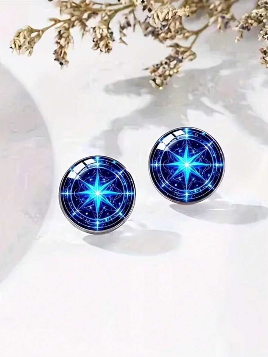suteyi Stylish Printed Blue Geometric Light Men's Earrings, Suitable For Everyday Wear, Parties, And As A Gift. - Silver - View 1