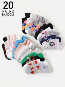 1/5/10/15/20 pares de calcetines invisibles de boca poco profunda con patrones mixtos de corazones y flores de estilo lindo y de dibujos animados para mujer, de primavera/verano - Multicolor - Ver 12
