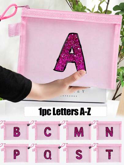 1pc Pink Mesh Bag, Shiny Rose Red Letters Pattern, Name Initial A-Z Transparent Mesh Cosmetic Storage Bag,Data Cable Earphones, Digital Accessories Storage Bag, Multi Functional Travel Portable Bag, Lipstick Skincare Product Storage Wash And Makeup Bag, Student Stationery Bag, Mesh Zipper Bag, Travel Cosmetic Packaging Storage Bag, Simple And Advanced, Jewelry Storage, Suitable For Accommodation, Travel, Business, Swimming, And Home Storage