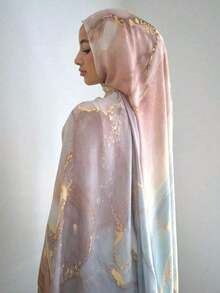 1pc Watercolor Print Headscarf, Bohemian Style Women's Gold Marble Pattern Muslim Hijab, Fashionable New Lightweight Balinese Chiffon Scarf, Suitable For Daily Wear And All Seasons, For Abaya For Dress - 粉色 - 查看 4