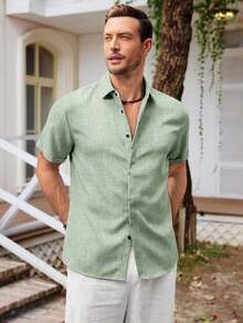 Mens Short Sleeve Linen Shirts Button Down Casual Summer Beach Tops For Daily Commute - 淺綠色 - 查看 3