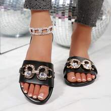 Sandalias de mujer con decoración de rhinestones, cómodas y casuales para uso en exteriores, minimalistas de una sola tira, diapositivas planas negras, de moda, nuevas llegadas de verano - Negro - Ver 17