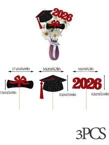 3 buah Hiasan Topi Wisuda, Ijazah, dan Vas Bunga Berkilau Warna Pink & Hitam untuk Angkatan 2026, Cocok untuk Pesta Wisuda, Selamat atas Wisuda 2026 - Merah dan hitam - View 3
