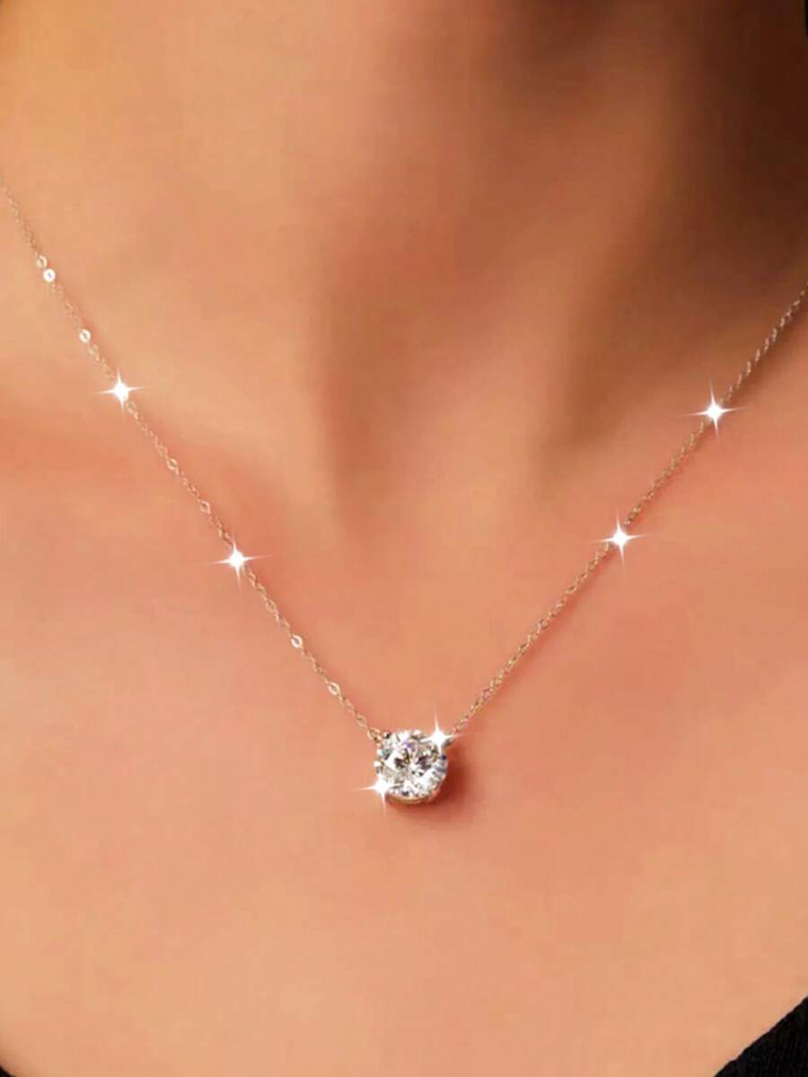 1 chiếc dây chuyền thời trang nữ, bạc sterling S925, mặt dây chuyền bốn chấu đính đá Cubic Zirconia tổng hợp sáng bóng, kiểu dáng tối giản thanh lịch, thích hợp để đeo hàng ngày/đi nghỉ mát/làm quà tặng Ngày Valentine/sinh nhật/Ngày của Mẹ, bạc nguyên chất không gây dị ứng. - Bạc - Xem 1