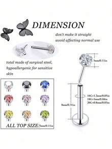 10个装 20G 18G 16G 推入式唇环 不锈钢唇钉饰品 唇环 指甲软骨耳骨耳环 耳钉 鼻环 穿刺饰品 男女通用 3mm CZ - 彩色 - 查看 4
