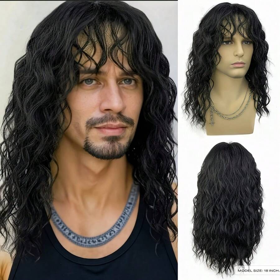 80年代摇滚明星假发 - 长卷黑色合成假发，适合角色扮演和万圣节派对，四季皆宜 - 黑色 - 查看 1