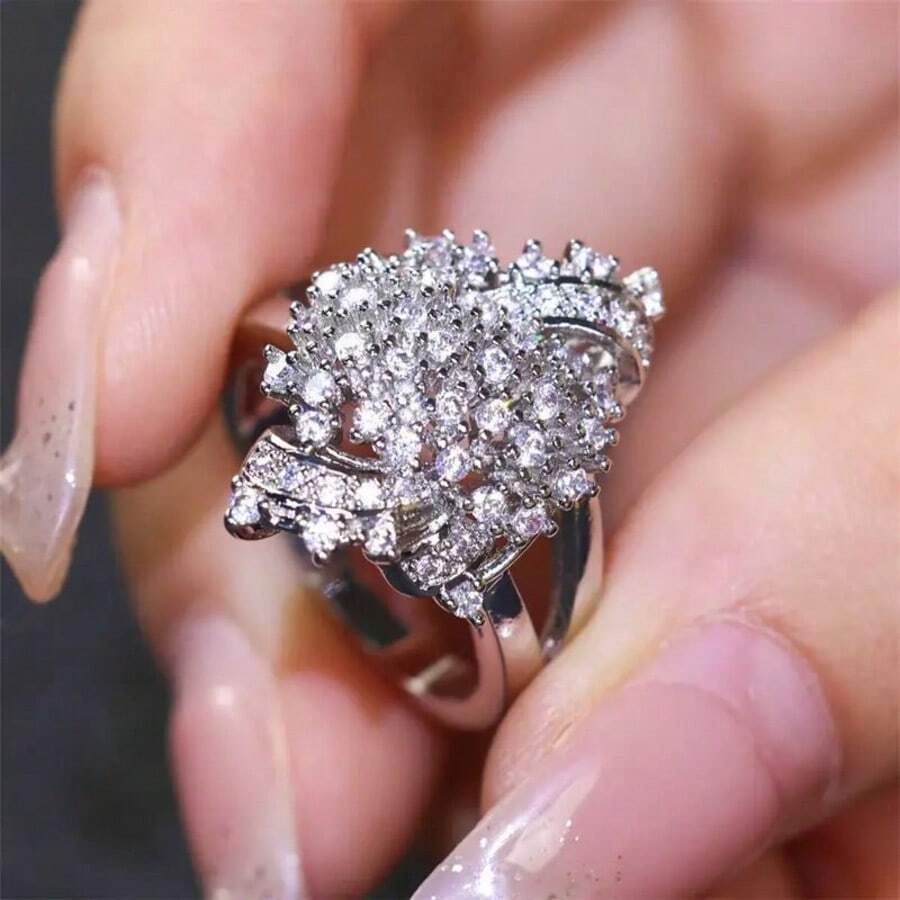 1枚奢华全镶钻不规则形状戒指，适合女士日常佩戴 - 銀色 - 查看 1