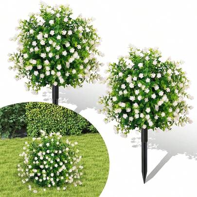 1 pieza Camelia y eucalipto artificial para exteriores con clavos de sujeción, arbustos verdes artificiales resistentes a los rayos UV, árboles con bolas de topiaria artificiales con flores de camelia para decoración de jardín, terraza, porche, fiesta y boda, decoración de primavera y verano para el hogar, sin necesidad de mantenimiento de plantas verdes simuladas para exteriores
