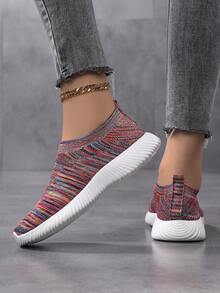 女士针织弹力透气轻便休闲平底一脚蹬运动鞋，情侣百搭宽松跑步鞋 - 彩色 - 查看 4
