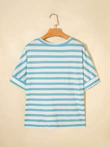 Acelitt Sky Blue Striped V-Neck Casual T-Shirt With Pocket - Multicolor - View 4
