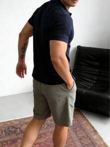 Camiseta de manga corta con cuello polo de punto de moda para hombre GRDR - Uso diario minimalista casual - Azul Marino - Ver 3