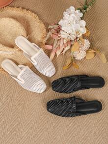 2026 New Vacation Style, Lace Mesh Breathable Hollow-Out Rhinestone Comfortable And Fashionable Backless Flat Mules, Hollow Design, Square Toe Women Sandals, Holiday Gift - Black - View 7