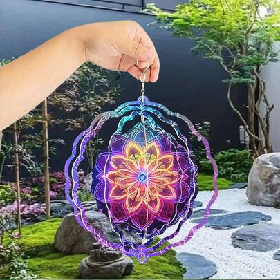 1pc Vintage Mandala Lotus Metal 3D Rotating Wind Chime With 360° Unlimited Rotation Hook, Outdoor Garden And Patio Decor, Multifunctional Decoration For Garden, Patio And Indoor Space, Ideal Outdoor Gift, Outdoor Wind Chime, Teacher's Appreciation Gift, Perfect For Thanksgiving, Christmas, Halloween And Housewarming (9.84in*9.84in)