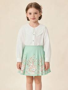 Balabala Set Baju dan Rok Bordir untuk Anak Perempuan, Hanfu Tradisional Tiongkok - hijau putih - View 4