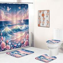 Conjunto de cortina de chuveiro multifuncional com estampa de paisagem de praia, diamantes florais e borboletas (1 peça/4 peças), 12 ganchos inclusos, elegante e com atmosfera de férias, tapete de banheiro, tapete para vaso sanitário em formato de U e tapete para vaso sanitário redondo, adequado para todos os ambientes de banheiro. - D - Ver 4