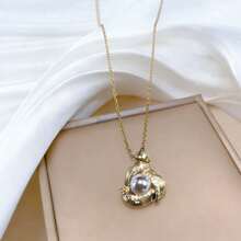 一套不锈钢链锆石花朵珍珠吊坠项链和耳环，百搭奢华优雅设计首饰套装，礼品 - 金色 - 查看 6