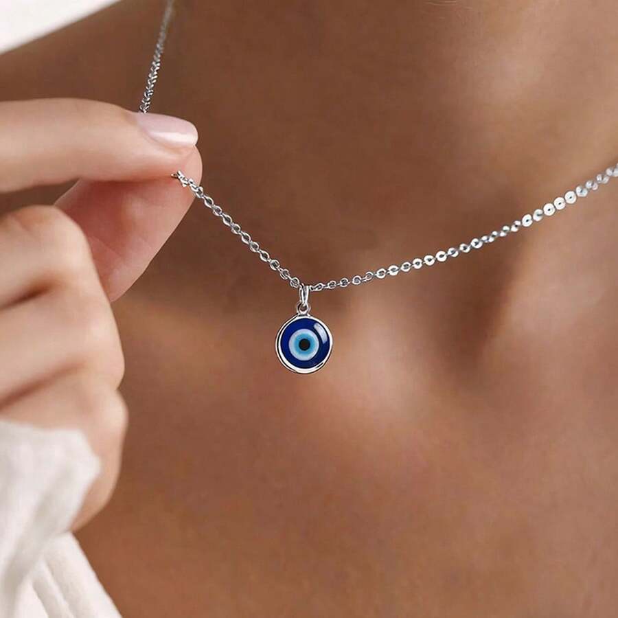 Blue Eye Glass Pendant Necklace, Minimalist Devil's Eye Necklace For Women - Multicolor - View 1