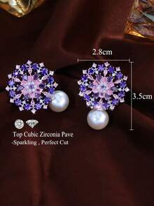 1 par de pendientes de gota con flor geométrica y perla, chapados en plata con circonita cúbica morada y rosa, joyería de CZ para boda, compromiso, baile de graduación, disfraz, accesorios para novias, damas de honor, uso diario - Morado - Ver 9