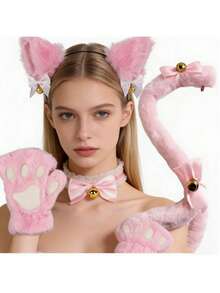 Cat Cosplay Costume - 2/3/4 Pcs Cat Ears Tail Set With Collar, Paws And Gloves, Cat Cosplay Costume Accessories, Kitten Ears, Collar, Tail, Paws Or Women Girls Halloween Dress Up - A - View 3