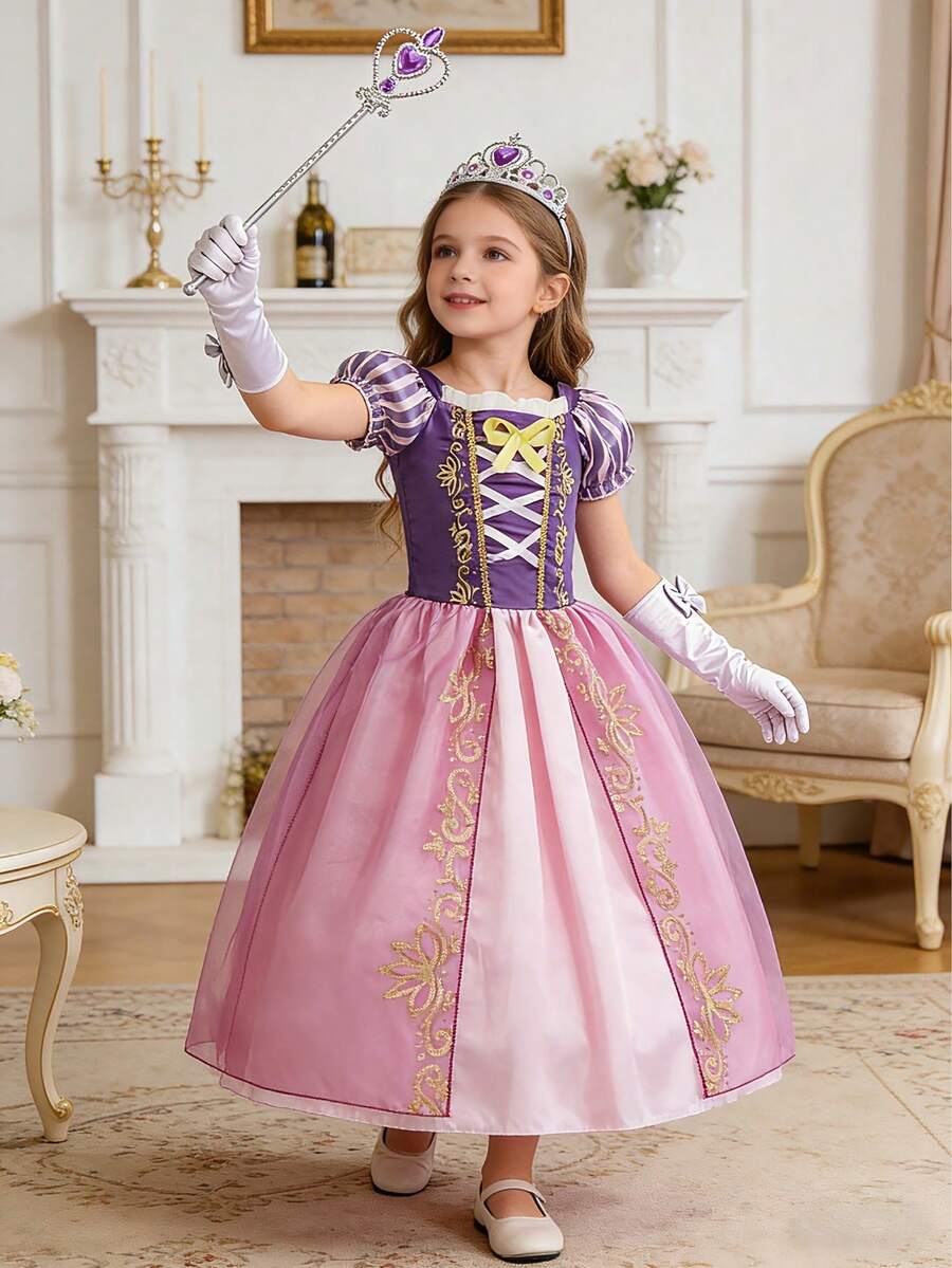 4pcs/Set Girls' Printed Princess Dress, Square Collar With Striped Puff Sleeves Princess Dress, Suitable For Daily Outings, Festivals, Performances, Theme Parties, Birthday Parties And Other Occasions - Purple - View 1