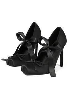Women's Satin Ballerina Stiletto Heels Closed Square Toe Lace Up High Heel Strappy Mary Janes Elegant Party Shoes With Removable Ribbons - màu đen - Xem 3