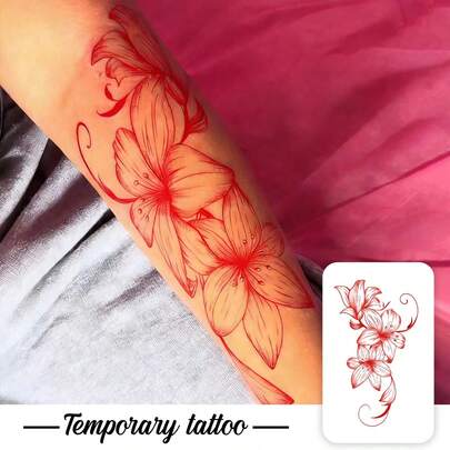 1 pièce Conception de fleur de lys réaliste avec ligne délicate rouge, convient pour les fêtes, les mariages et les événements spéciaux, tatouage temporaire floral, accessoire de fête, autocollant de tatouage inspiré de la nature