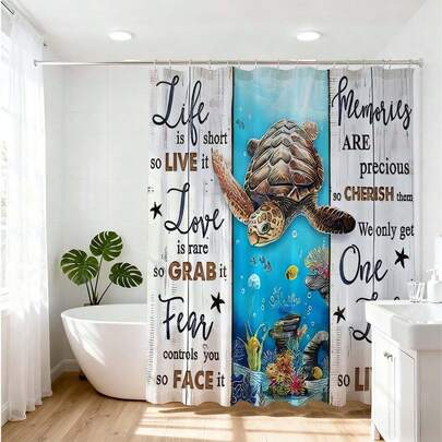 1pc Coastal Sea Turtle Shower Curtain Nautical Ocean Themed Bathroom Decor With Seahorses Starfish Seashells And Coral Reefs Minimalist Blue And Beige Marine Life Waterproof Fabric Bath Curtain For Bathroom Beach House Inspired Bathroom Decor