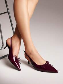 Women's Slingback Kitten Heels, Pointed Toe 2.17" Low Heel With Bow - Comfortable All Day Wear Dress Pumps For Wedding & Formal Occasions - Màu Đỏ Sâu - Xem 2