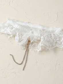 European And American Sexy White Lace Trim Double Bow Gold Chain Zirconia Bridal Thigh Garter - White - View 5