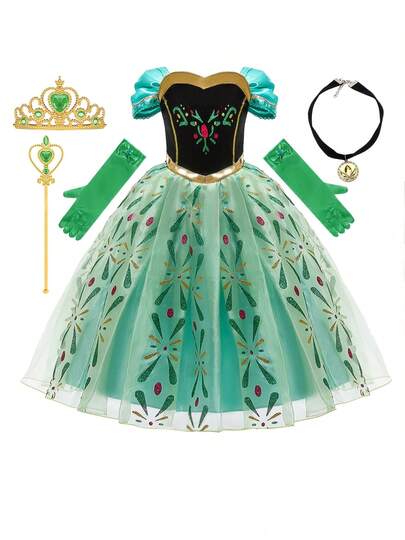 5pcs/Set Girls Green Princess Dress, Embroidered Pattern Children's Costume, Suitable For Daily Wear, Performance, Festival Celebration