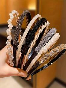 4 Pcs Faux Pearl Headbands With Rhinestones, Fashionable Design, Suitable For Daily Wear For Women - Multicolor - View 11
