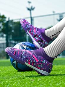 1双迷彩涂鸦高帮足球鞋，长钉，FG人造草坪比赛及训练鞋，四季皆宜 - 白紫色 - 查看 8